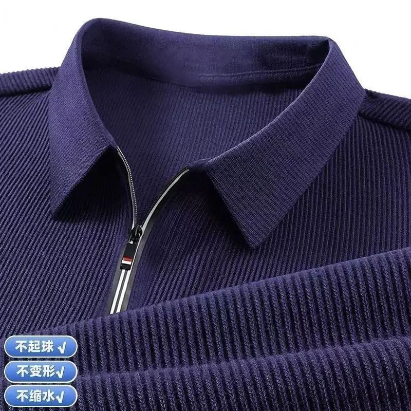 

Business Casual Men Polo Shirts Spring Autumn Solid Lapel Half Zipper Streetwear Fashion Office Social Long Sleeve T-shirt Tops