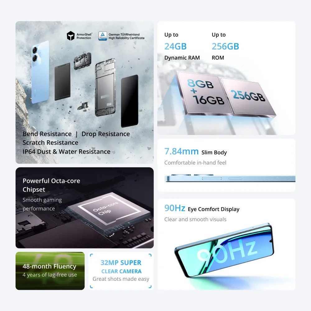 【Versão russa】realme Note 60 Smartphone Câmera de 32MP Tela de 6,74 ''90 Hz Bateria de 5000mAh IP64 Poderoso chipset octa-core