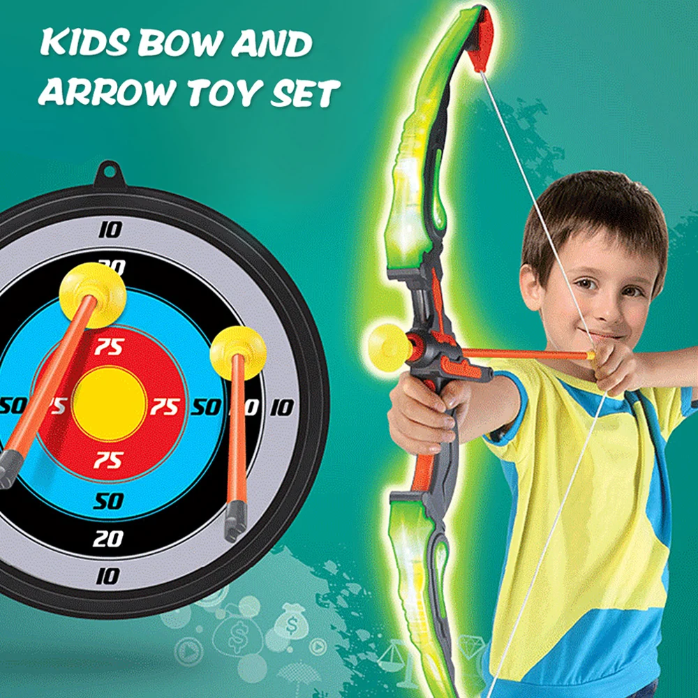 

Kids Bow and Set Light Up Archery Bow Set with Target Quiver 3 Suction Cup Arrows Outdoor Toys for Children 6-14 Yea