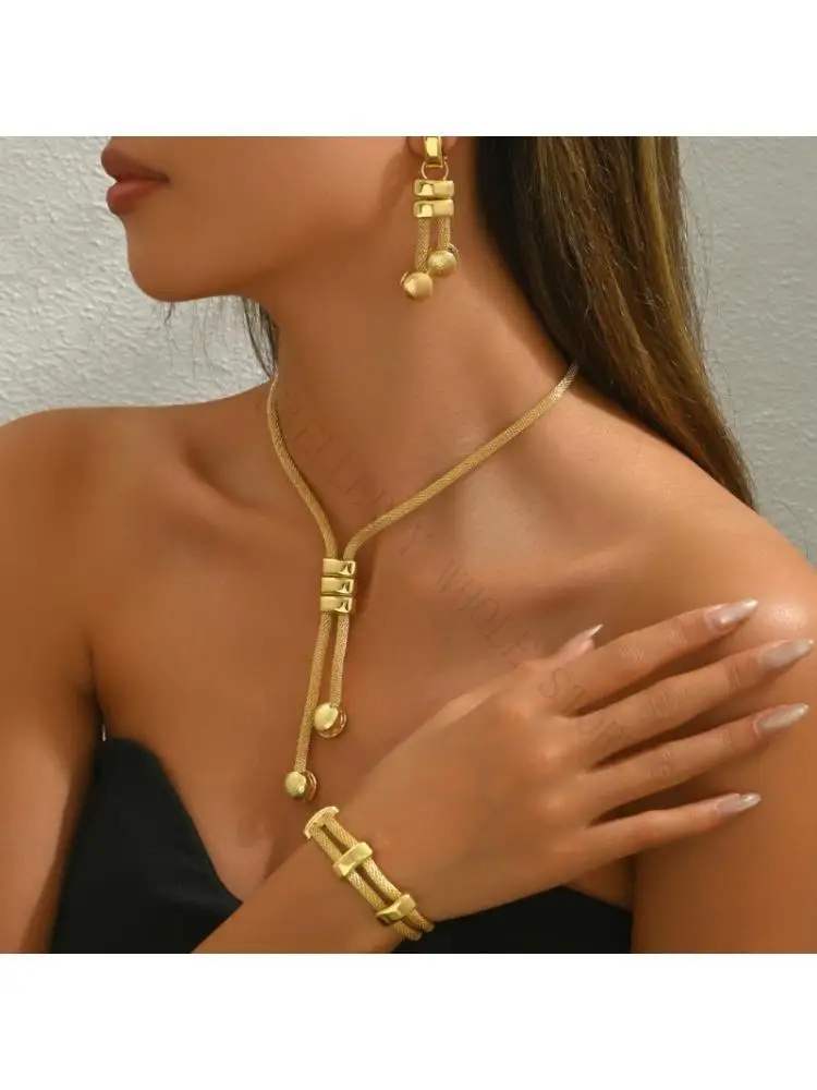 R7UF Lightweight Geometric Tassels Necklace Earrings Bracelet 3 Piece Set with Adjustable Chain for Various Outfits Occasions