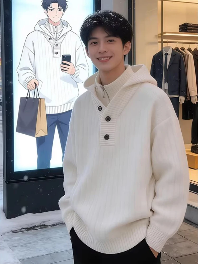 

Белый мужской вязаный свитер с высоким воротником, имитация двухслойности, зимний, повседневный, модный, базовый слой