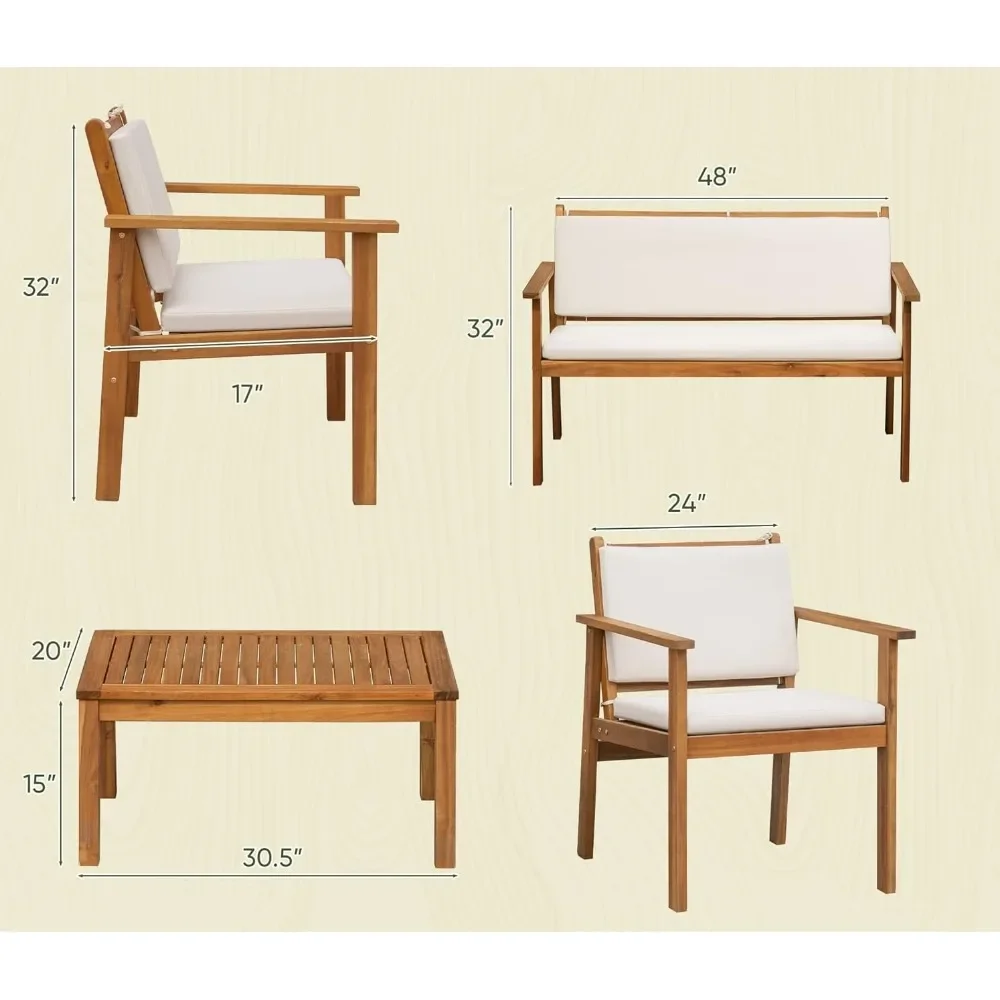 Acacia Wood Patio Conversation Sofa Set com mesa e almofada, Mobília do pátio ao ar livre, 24x17x32 polegadas, 4 pcs