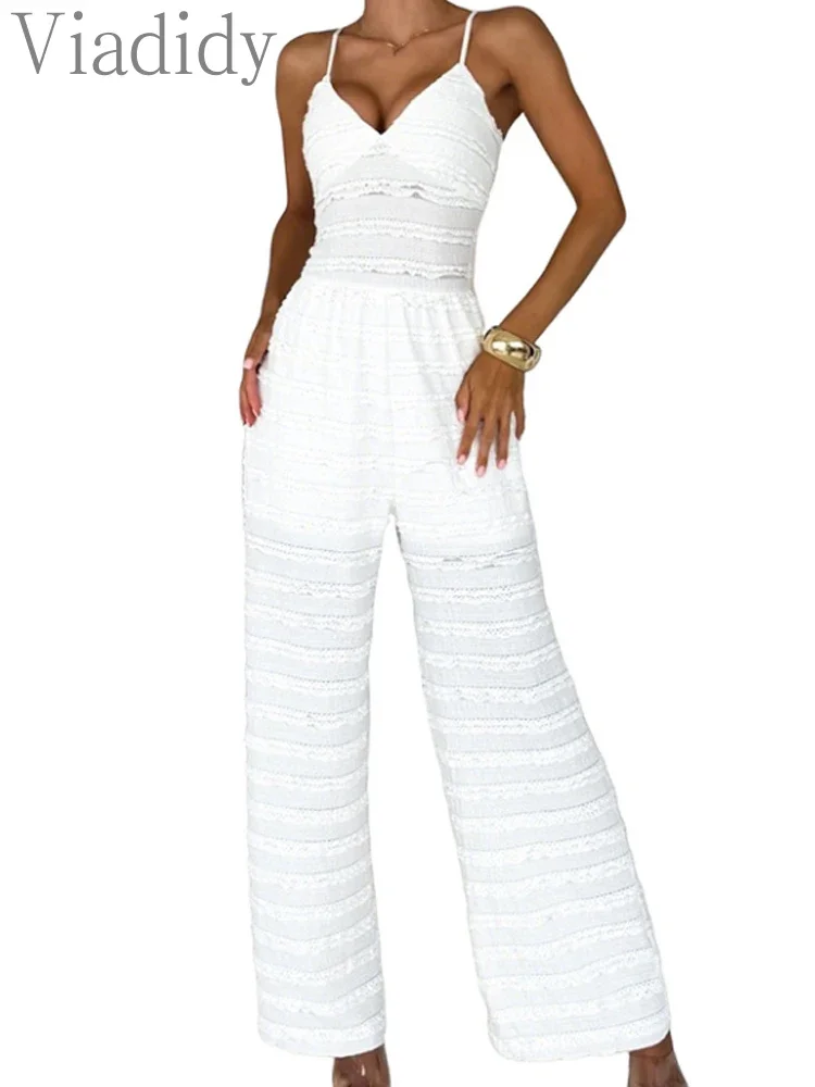 

Spaghetti Strap Ruffles Wide Leg Jumpsuits Backless Sleeveless Casual Overalls