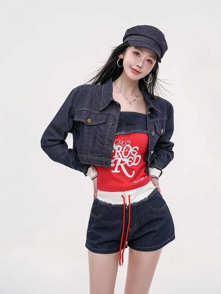 

Женская джинсовая куртка Mao Ni для ранней осени, винтажный стиль, дизайн в гонконгском стиле, с элементами пэчворка, из хлопка и полиэстера.