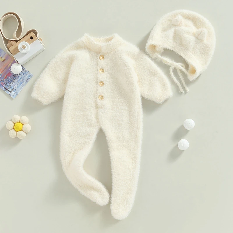 1-24M Baby Boy Girl Bodysuits Outfit Newborn Photography Props Plush Romper with Hat Photography Props