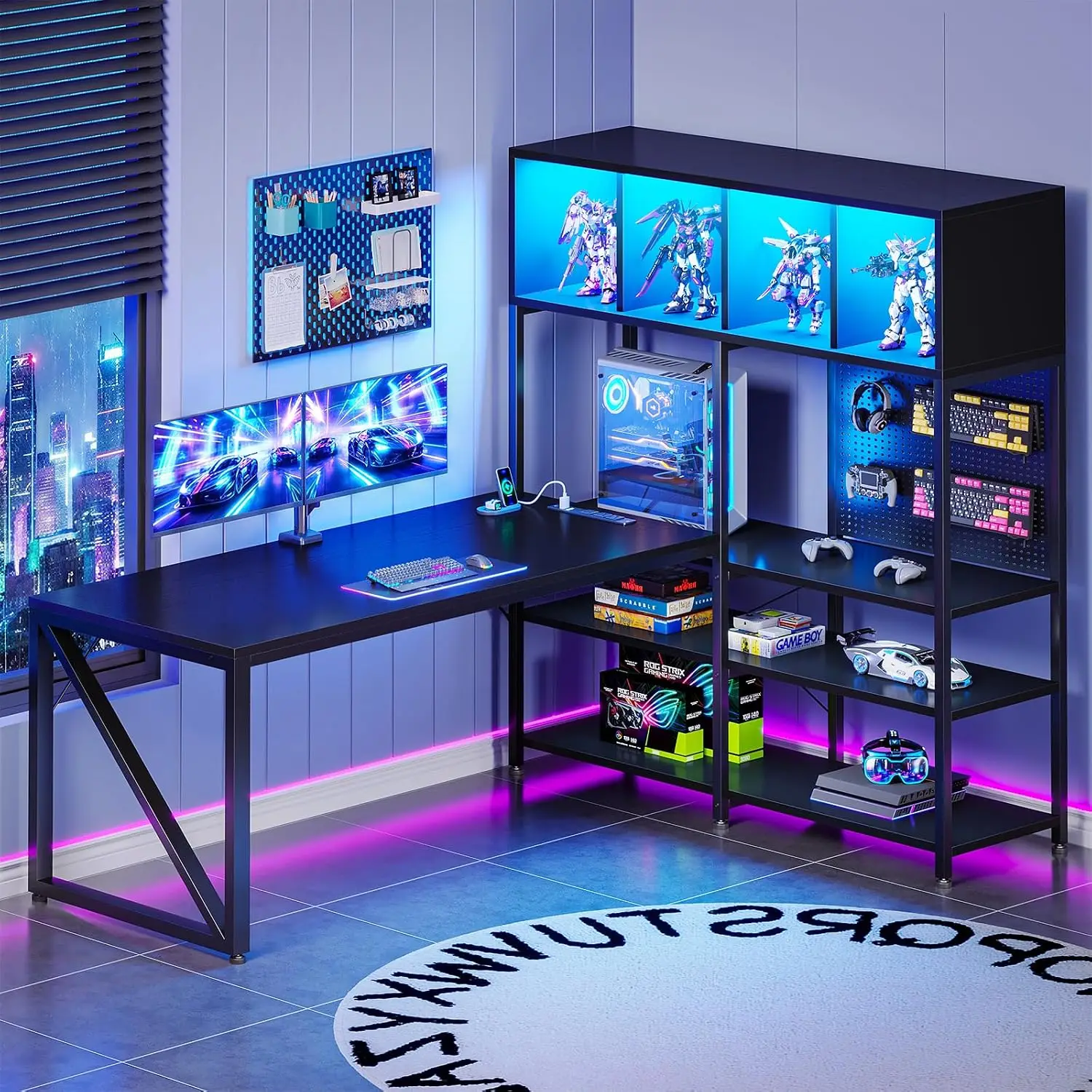L Shaped Gaming Desk Hutch LED Lights Power Outlets PC Shelf Pegboard Storage Reversible Gaming Home Office 63 Inch, Customized