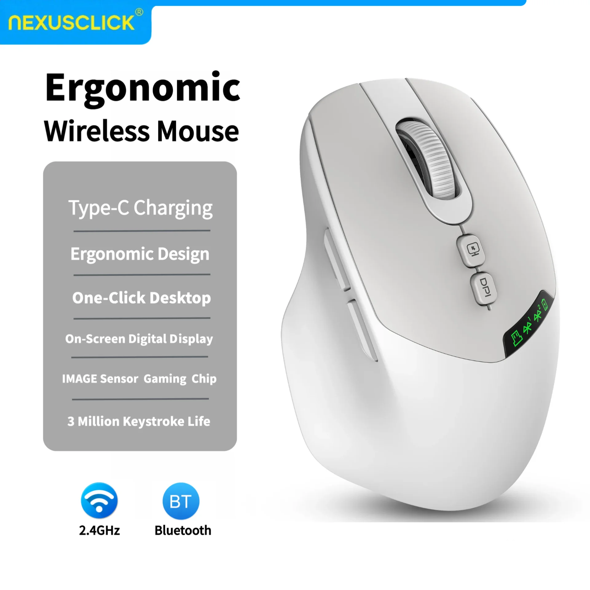 NexusClick Silent Dual-mode Wireless Mouse with Bluetooth 2.4G,DPI Adjustment,500mAh Battery,Display Screen for PC Laptop Xiaomi