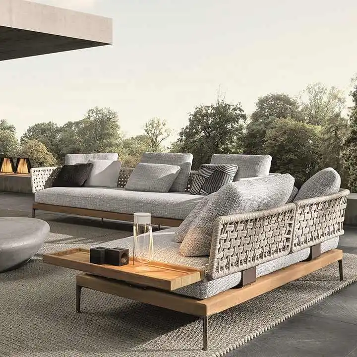 Modern Weather-Resistant Outdoor Furniture Waterproof PE Rattan Teak Garden Sofas Set for Courtyard Patio Use