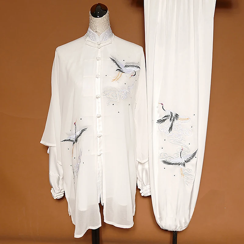 Premium Tai Chi Suit Embroidered Crane Martial Arts Wear Men Women Professional Team Performance Competition Outfit Design