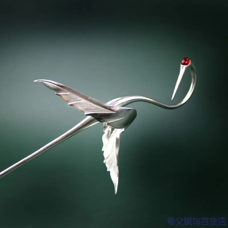 Srebrna długa spinka do włosów w stylu żurawia Chińska starożytna spinka do włosów Hanfu do koka Kungfu Szermierz Wojownik Taoistyczny Kapłan Akcesoria do włosów