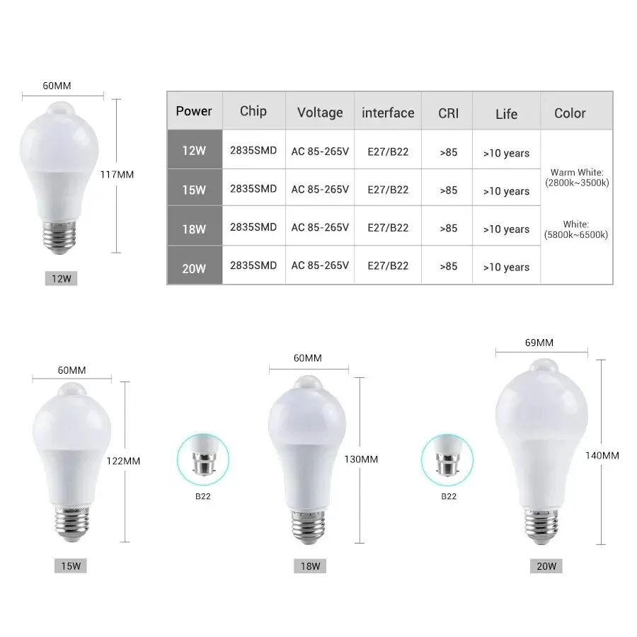 Motion Sensor LED Bulb E27 LED Lamp B22 PIR Sensor Light Bulbs Auto ON/OFF Night Light For Porch Stairs Garage Security Lights