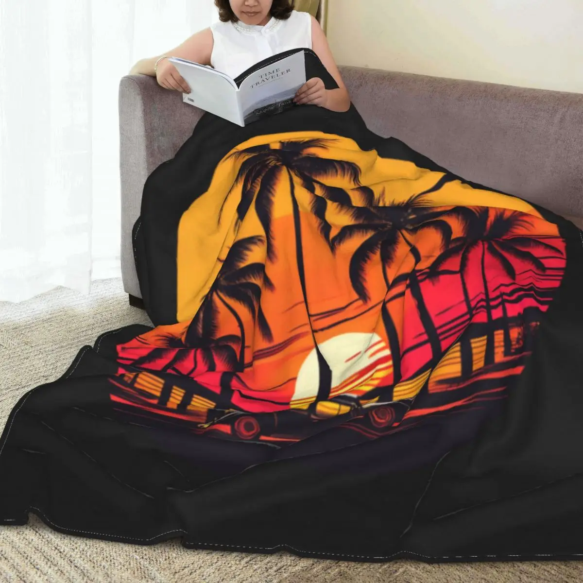 

Soft Warm Blankets Travelling Sunset Beach Throw Blanket Tree Car Flannel Bedspread Couch Chair Pattern Sofa Bed Cover