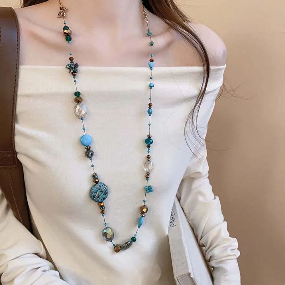 Beach Clavicle Chain Multilayer Turquoise Necklace Layered String Jewelry Accessories Western Country Necklace Artificial Stone