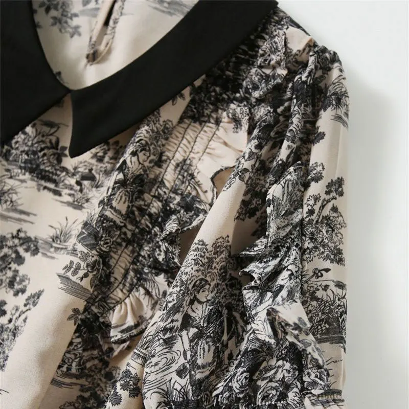 Casual Sweet Peter Pan Collar Stylish Printed Shirt Female Clothing Elegant Ruffles 2023 Summer Short Sleeve Patchwork Blouse