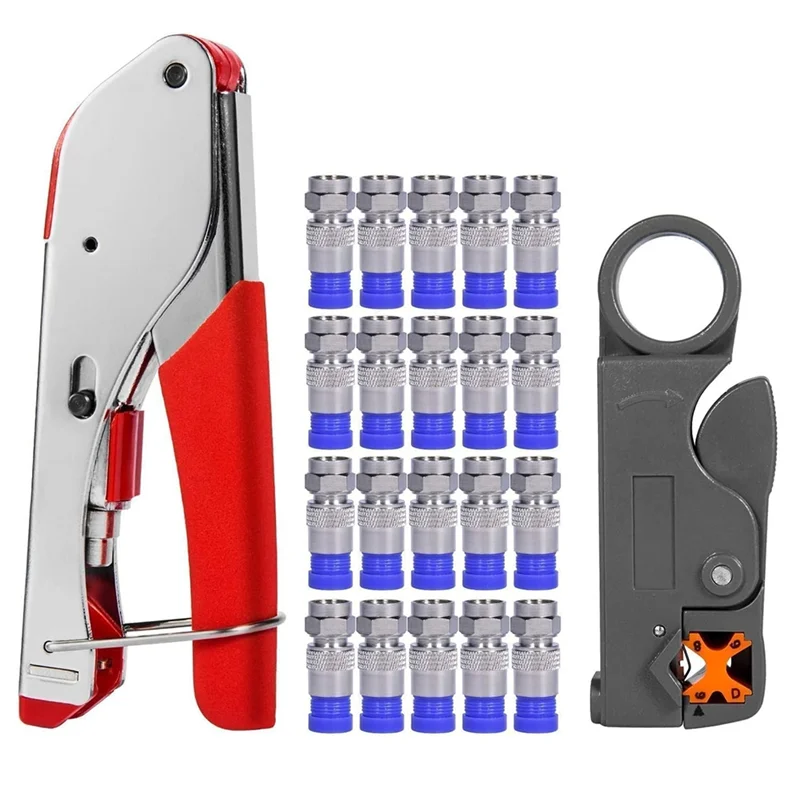 GYTB-Koaxialkabel-Crimper, Koaxialkabel-Reparatursatz, 3-in-1, verstellbarer 20-F-Typ-Stecker mit Abisolierzange für Satelliten-TV