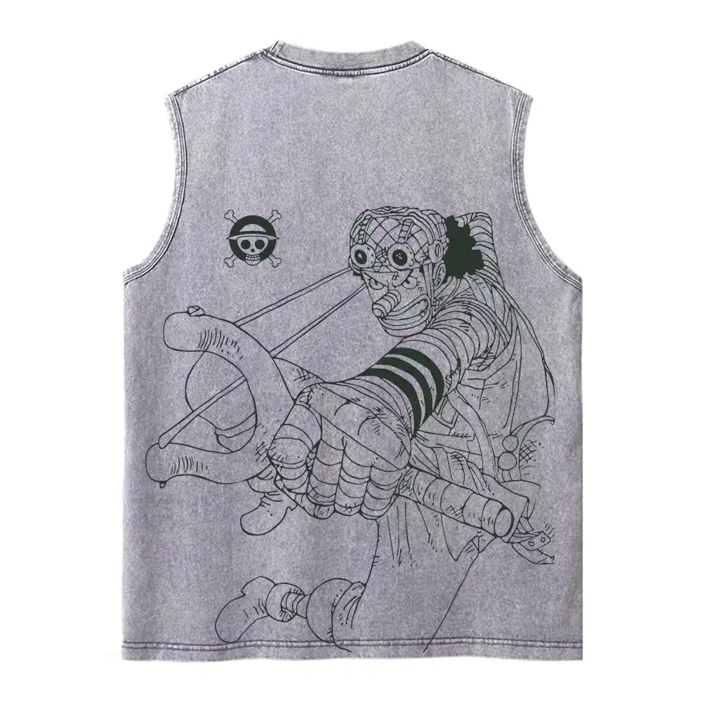 Harajuku Retro Sleeveless T-Shirts Streetwear Vintage Washed Anime One Piece Graphic Print Men Vest Tops Tees Retro Oversize