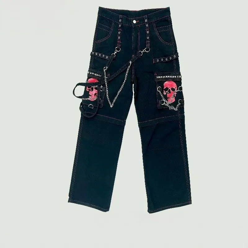 

American high street skull print studs punk men high-waisted jeans Y2K hip-hop personality chain casual jeans Trend casual pants