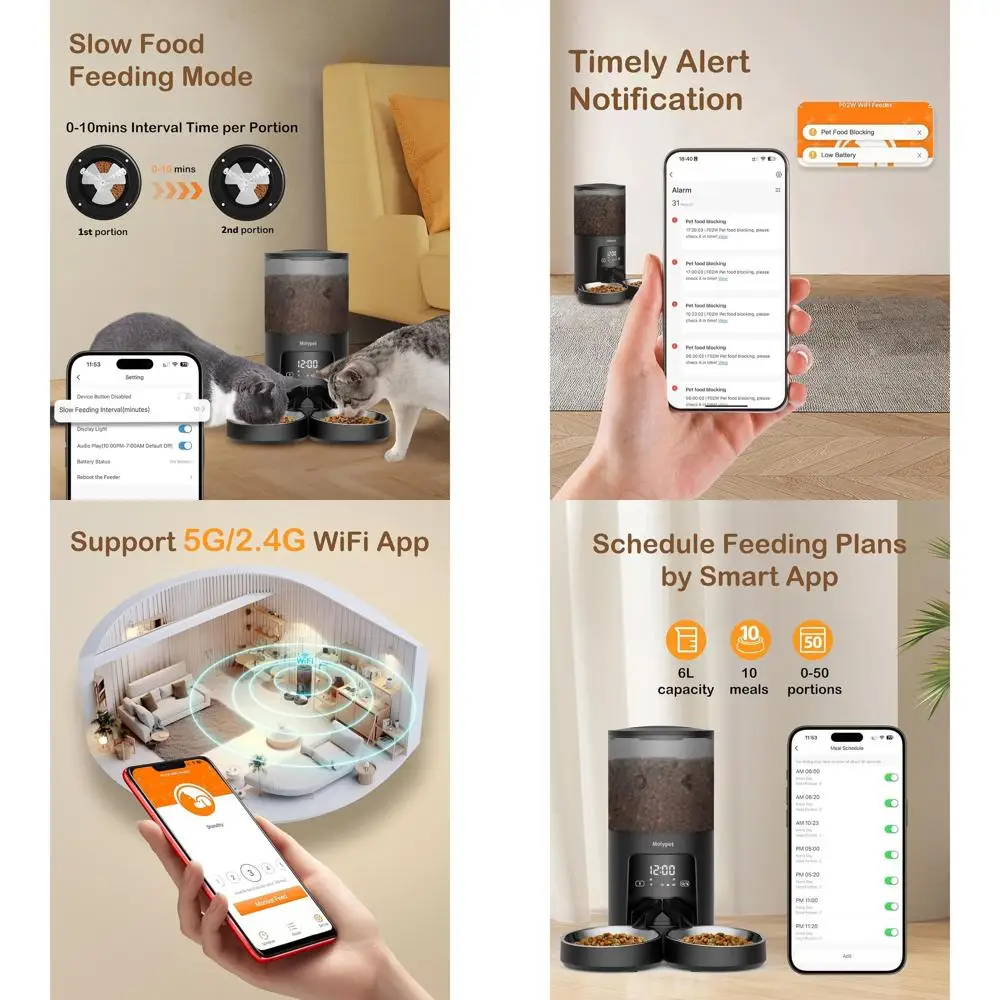 

WiFi 5G Smart Pet Feeder, 6L Capacity, App-Controlled, 1-10 Daily Meals, Blockage Alerts for Cats & Dogs