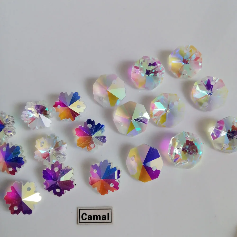 Camal 20pcs AB Color Crystal 14mm Octagonal / Snowflake Loose Beads 2 Holes Chandelier Lamp Lighting Part Curtain Accessories