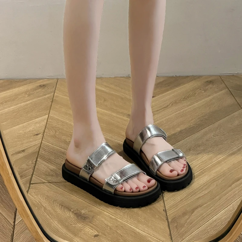 Platform Slippers Summer New Round Head Open Toe Simple Word Sandals Anti-slip Wear-resistant Women's Shoes