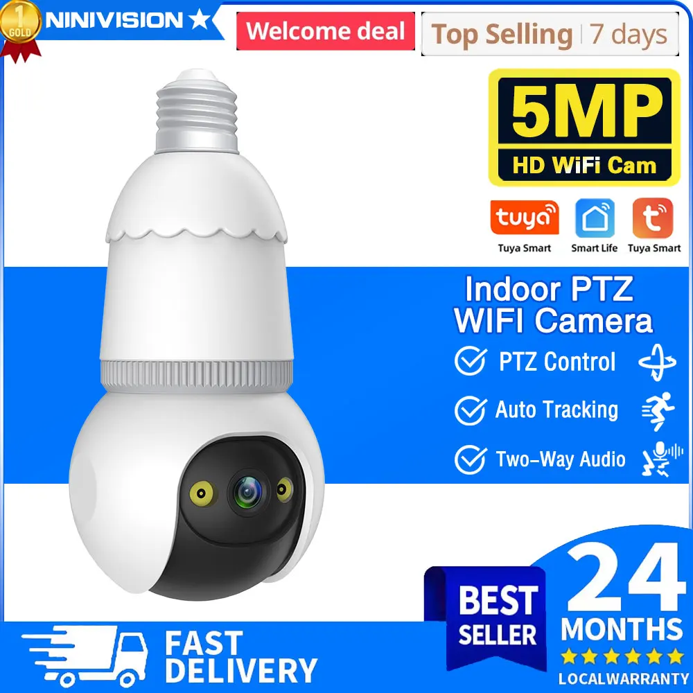 

Tuya CCTV Luminous E27 Bulb Light Camera 5mp Wifi PTZ IP Camera Wireless 360° Panorama Auto Tracking Panoramic Smart Home Camera