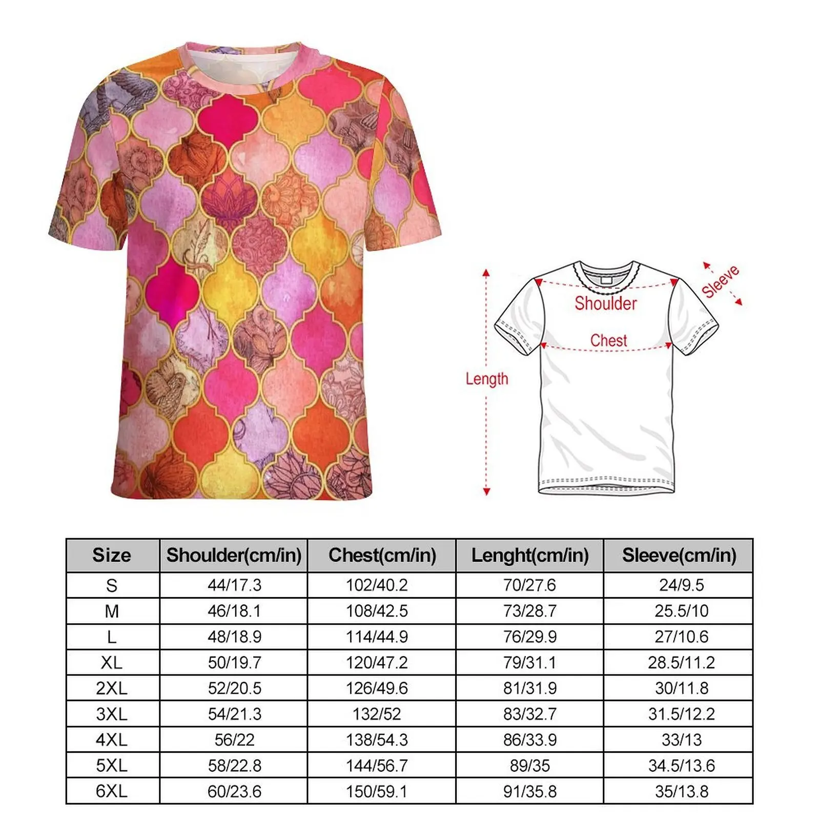 Premium T-Shirt Magenta Orange Gold Moroccan Tile T Shirts Street Style Fashion Tees MensShort Sleeve Design Oversize Clothes