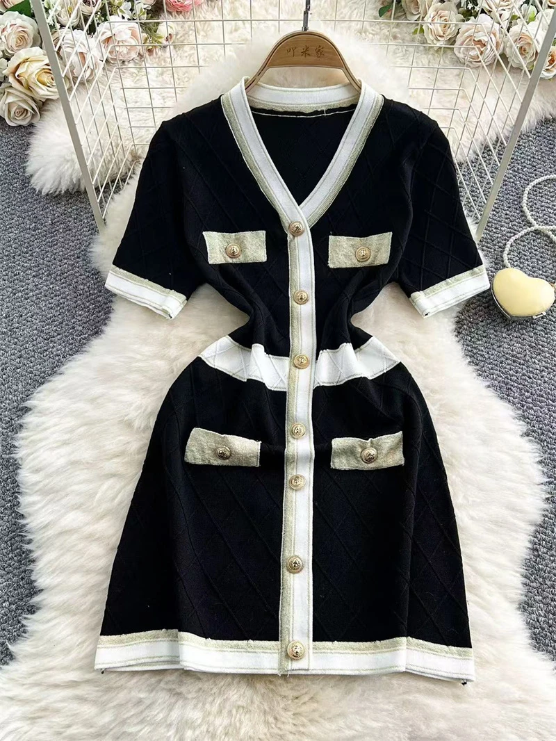 Vintage dekolt w serek wąska dzianina obcisła Mini sukienka damska letnia sukienka z krótkim rękawem jednorzędowe sukienki stylowa elegancka szykowna damska kamizelka