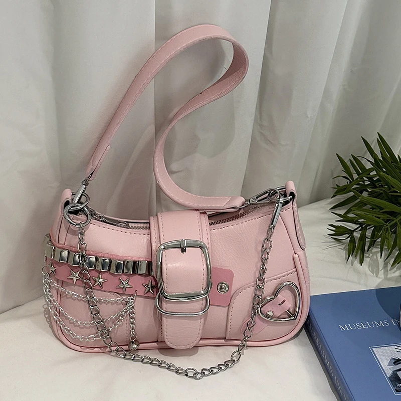 Women's PU Shoulder Bags Baguette Shape Sliver Chains Star Stickers Waterproof Fashion Luxury Handbags