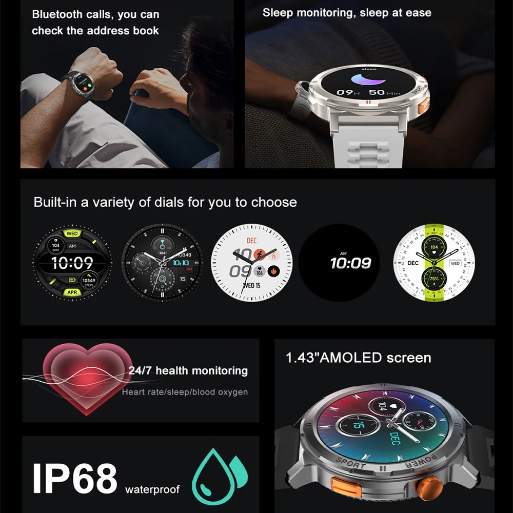 1.43 AMOLED Screen Smart Watch Blue Tooth Call Men Women Custom Watch Face Heart Rate 380MAH Health Smartwatch Waterproof Sports