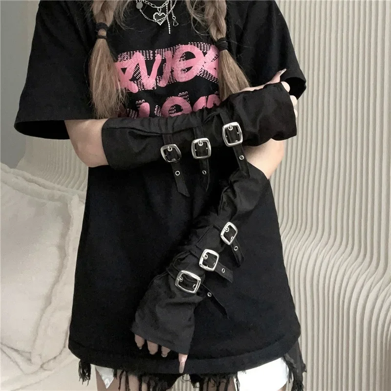 Sarung tangan Punk wanita, hitam Gothic tanpa jari tali hitam dapat diatur Harajuku Streetwear mode kepribadian Y2K aksesoris