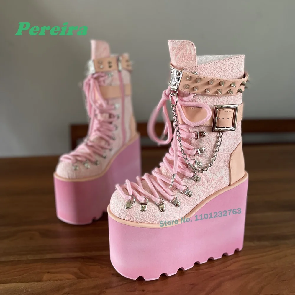Pink Rivet Punk Boots Platform 14 Cm High Heels Belt Buckle Chain Decor Women Men Shoes Lace Up Y2K Cute Ankle Boots Handmade