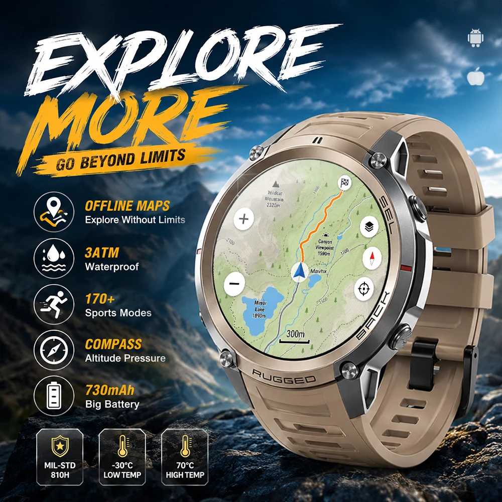 

2026 Military GPS Smart Watch with Offline Maps L1+L2 Dual-Band GPS Compass 5ATM Waterproof Bluetooth call 170+ Sport Smartwatch