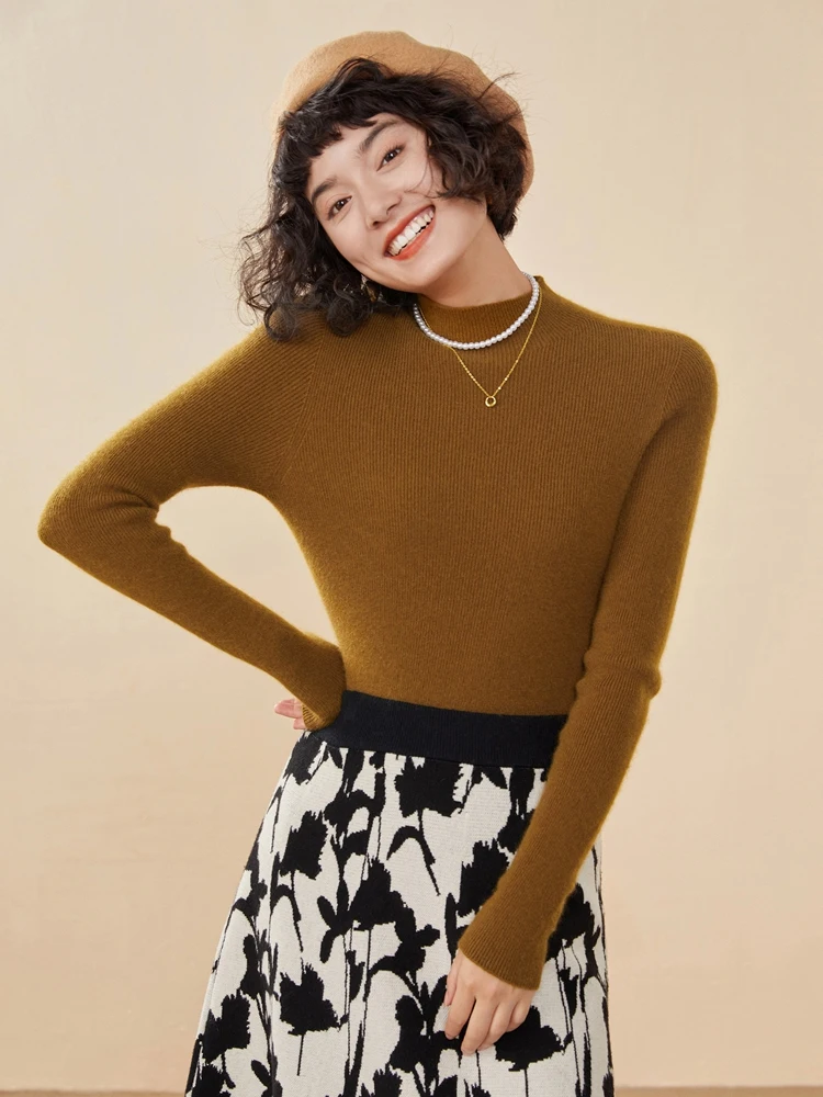 

CHICUU Autumn Winter Women 100% Cashmere Sweater Mock Neck Pullover Basic Slim Long Sleeve Cashmere Knitwear Clothing Tops