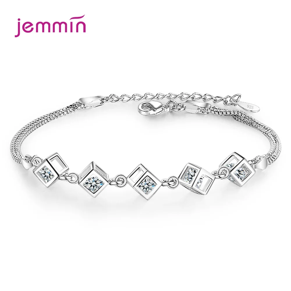 

Pure 925 Sterling Silver Elegant Cube Shiny Crystal Bracelet Fashion Link Chain For Women Wedding Jewelry Gifts