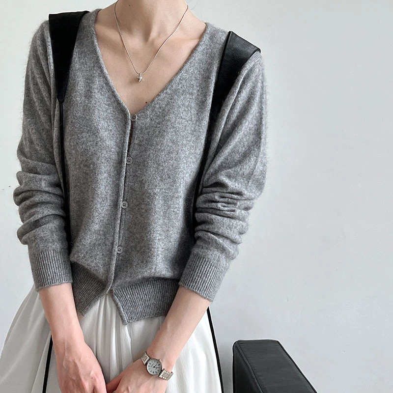 2024 Women Autumn V-Neck Single Button Design Cardigans Coat Wool Knitted Gray  Sweater Women Cape Clothes Tops