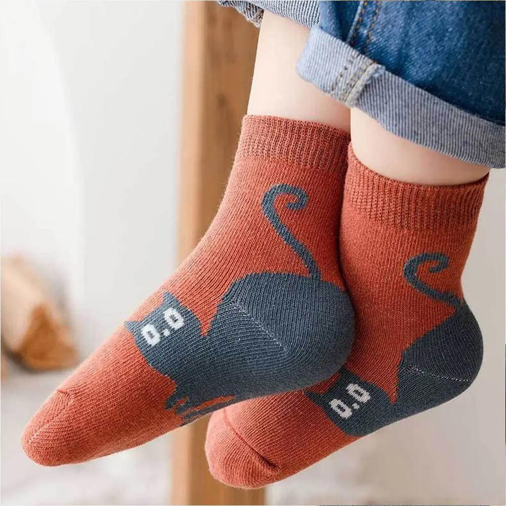 5 أزواج من الجوارب القطنية للأطفال بتصميم قطة مريحة للأطفال الصغار منتصف العجل جوارب قابلة للتنفس للربيع والخريف للأطفال #5