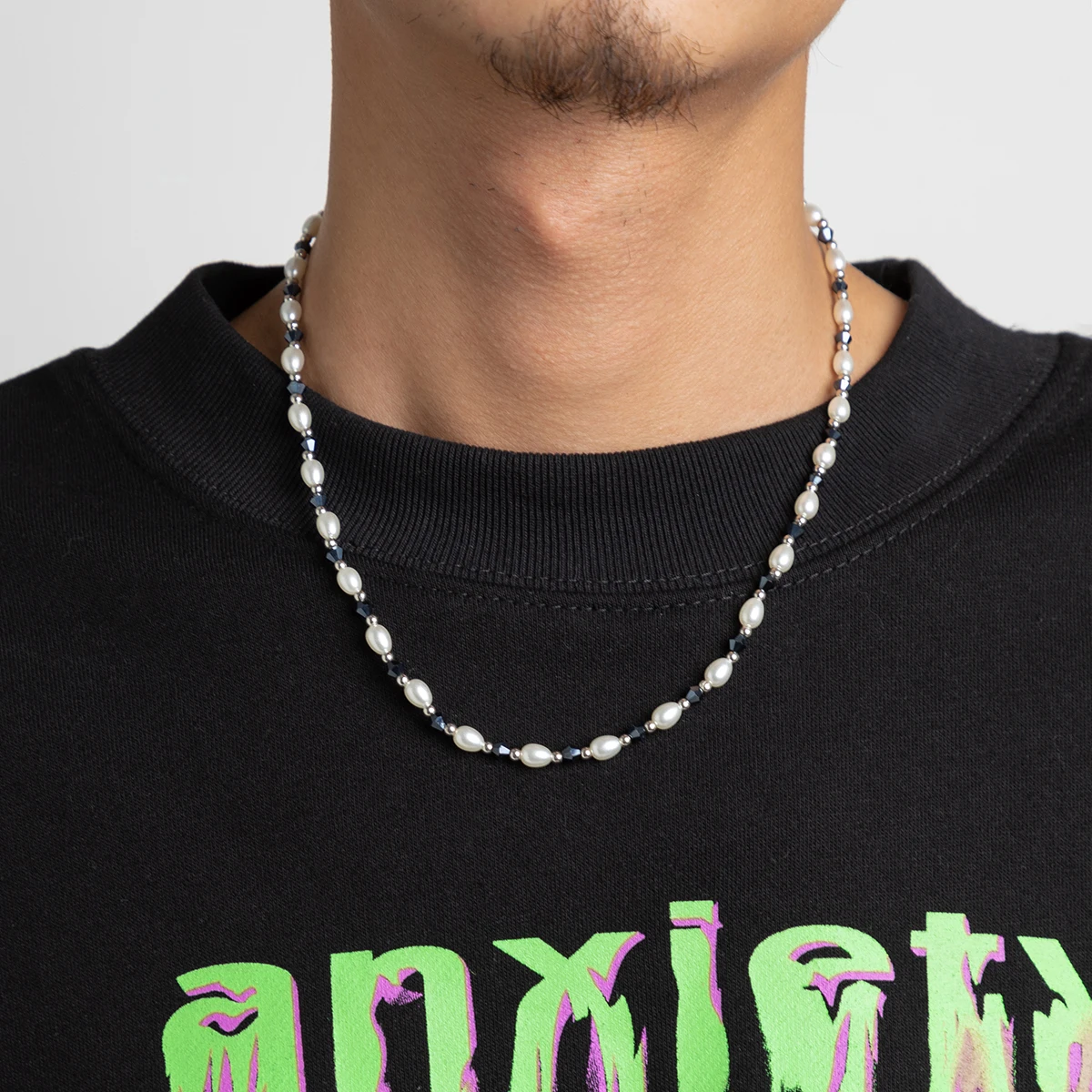 KunJoe Fashion Oval Imitation Pearl Grey Crystal Beads Beading Necklace For Men Simple Handmade Short Necklace Trend Jewelry