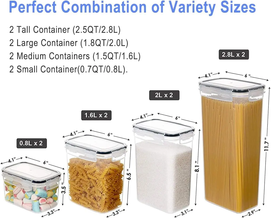 8 PCS Plastic Storage Containers for Kitchen Pantry Organization Airtight Food Organizer Set with Lids Cereal Sugar