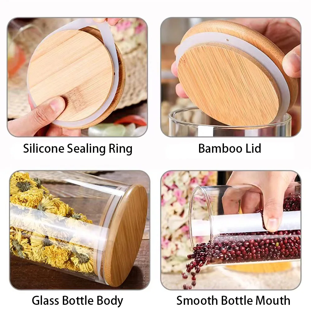 4/8szt 250ml 500ml 1000ml Szklany słoik z bambusową pokrywką Słoik do przechowywania Przezroczysty garnek z uszczelnieniem Pusty hermetyczny pojemnik na słodycze Pojemnik na żywność