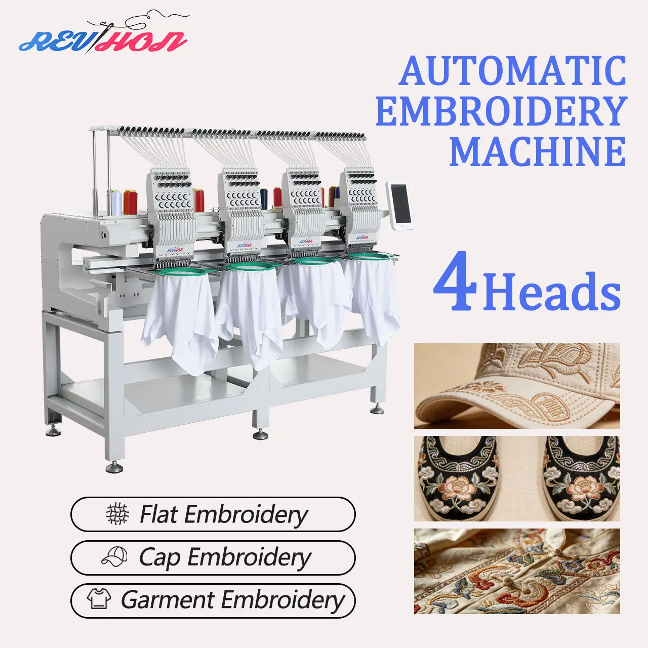 REVHON New Electronic Automatic Computerized Embroidery Machine with 4 Head for Home Use and Retail Industries