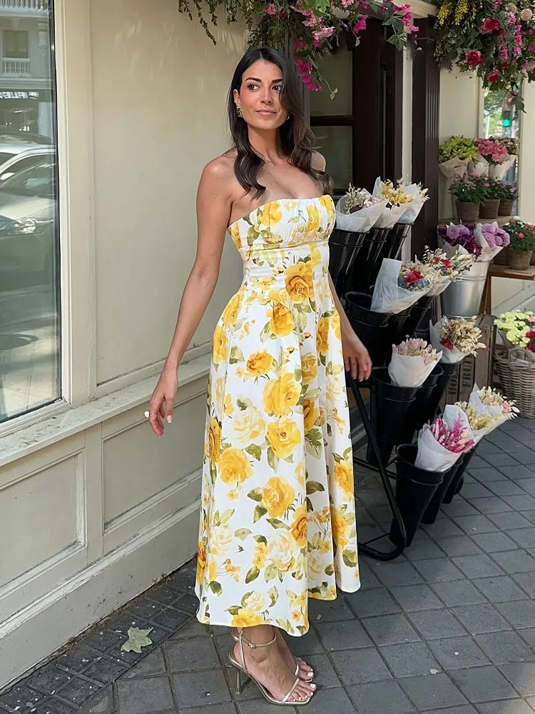 

HH Women Fashion Temperament Simple Slim Strap-Breast Yellow Rose Printed Midi Dress Female Elegant Sexy Backless Long Dress