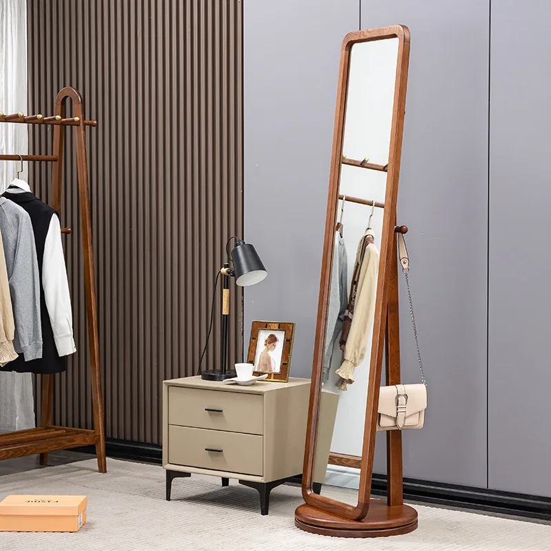Full Mirror Ash Wood All Solid Wood Floor-to-ceiling Full-length Mirror Coat Rack Integrated Modern Rotatable Fitting Mirror Ful