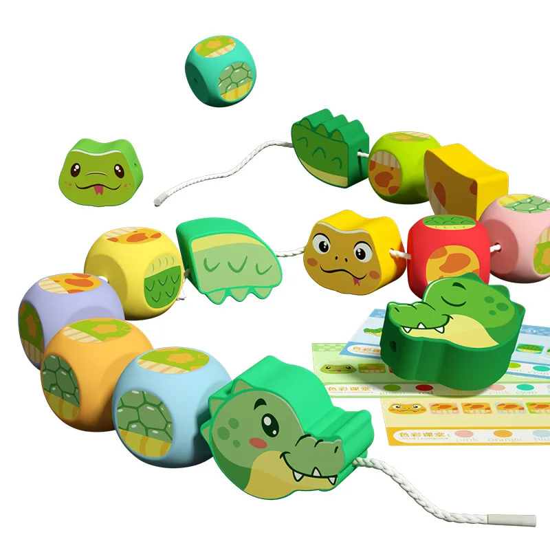 

16pcs Wooden Beads Toys Cartoon Animal Baby DIY Toy Montessori Lacing Toy Stringing Threading Autism Toys Kids Educational Gifts