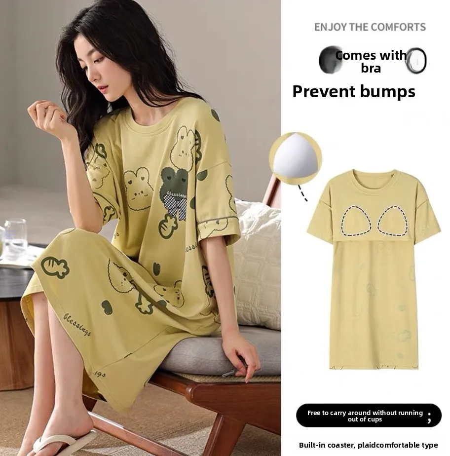 

New Summer Women's ort Sve Pure Cotton Sp Dr with Chest Pad Home Clothes Dr Sweet Sle Print Pattern Youth Sui...