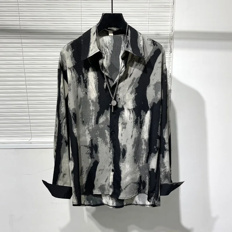 Spring and summer thin original personality irregular print loose free ironing men's fashion draping large size shirt