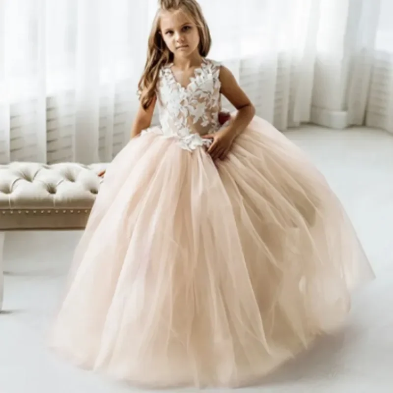 Vestido de tul hinchado para niña, apliques de lazo con cola desmontable, Princesa, fiesta de cumpleaños, primera comunión, boda