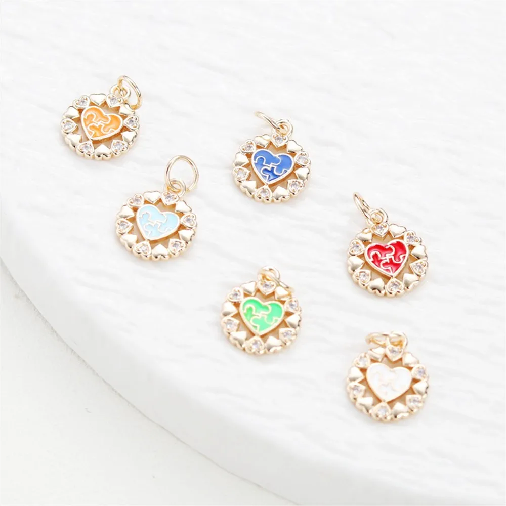 1pcs 14K Gold Drop Oil Inlaid Zircon 13mm Round Love Pendant DIY Jewelry Bracelet Necklace Earrings Pendant Charm Accessories