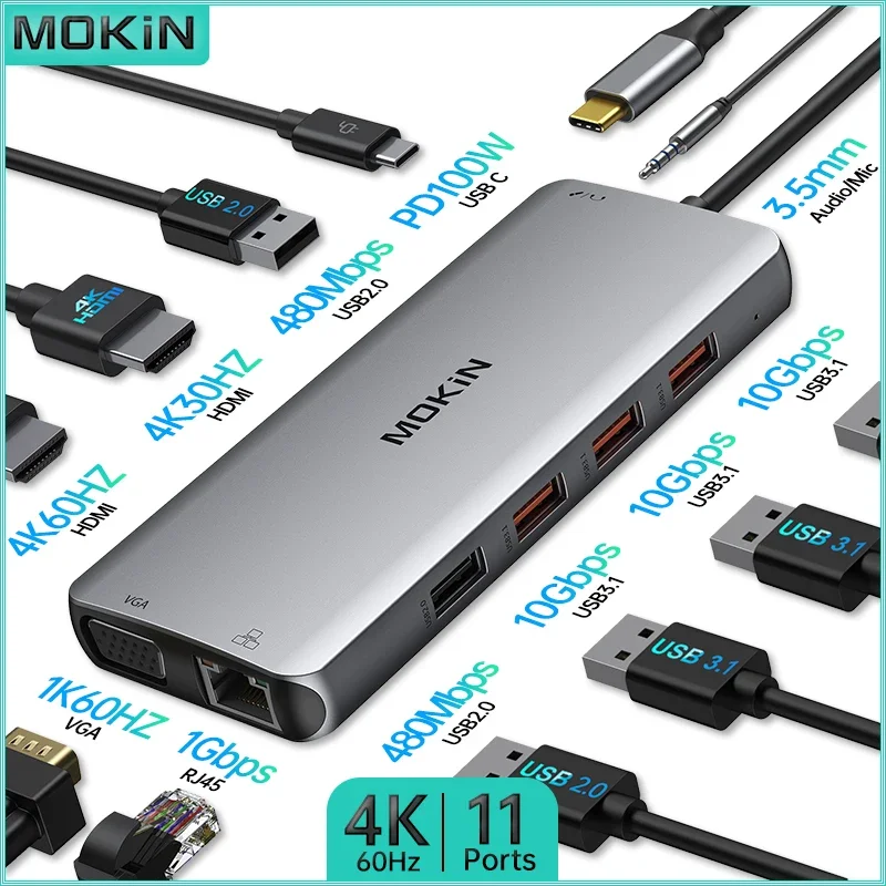 MOKiN 11-in-1 USB C Docking Station 4K 60Hz | Dual HDMI, VGA, USB 3.1, RJ45, PD 100W for MacBook Air/Pro, iPad M1/M2, Laptop