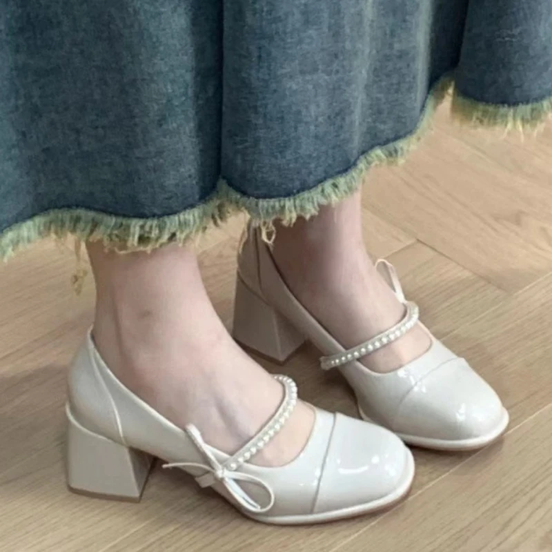 

Korean Version Pearl Single Shoes Thick Heel 2023new Fashion Casual Simple All-match Bowknot Mary Jane Women Heels Autumntime