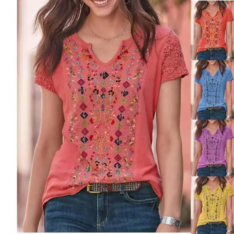 Camiseta holgada con estampado Floral para mujer Fre Sweet Sle ort Sve, longitud media, Dr, otro Material, Top Floral suave para mujer